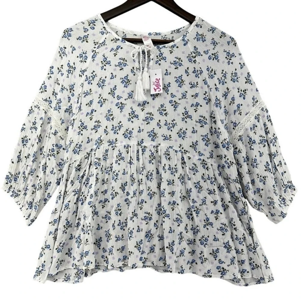 Justice Viscose White Blue Floral Tassel Tie Peplum Babydoll Top Blouse 8/20 2XL